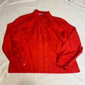 Vintage red ruffle blouse 70s Victorian-style button front, Alice Stuart, size M